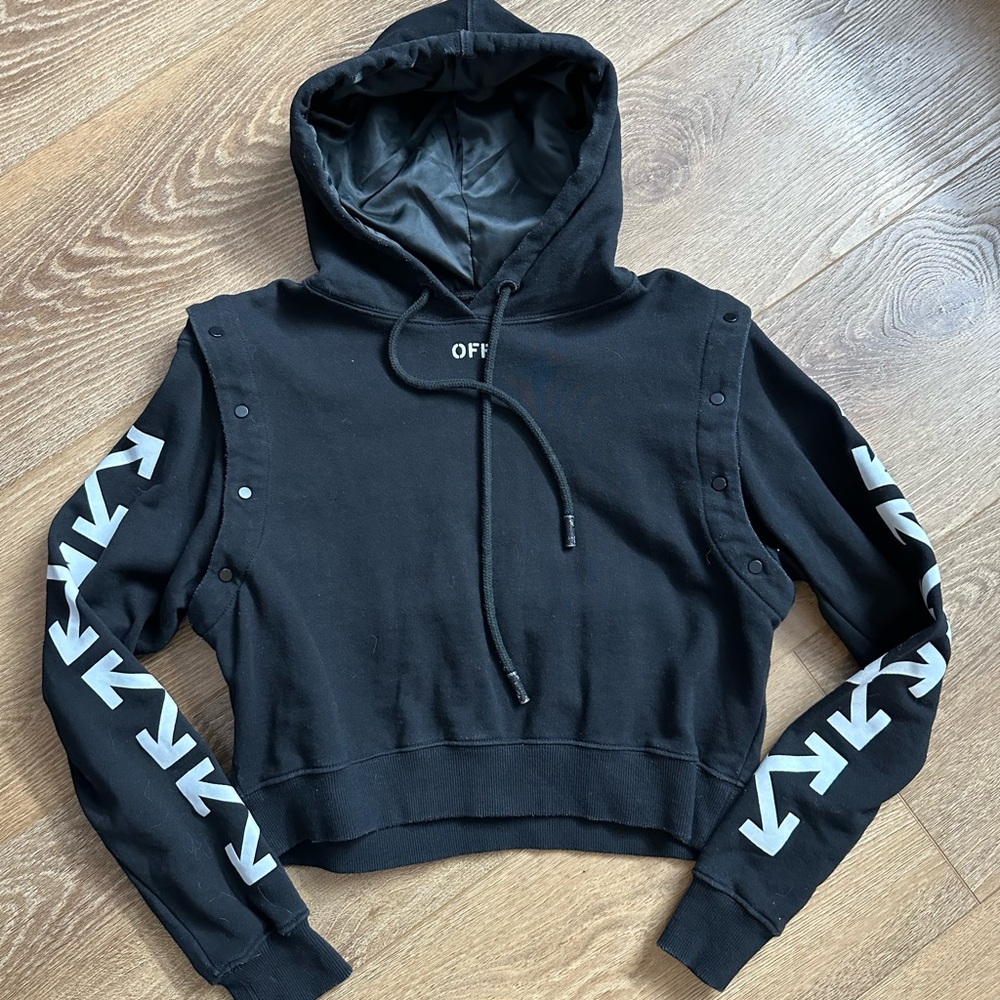 Authentic Off-White Black Hoodie with White Arrow Details and Removable Sleeves